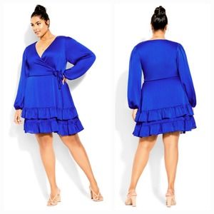 City Chic Arya Mini Dress Ruffle Layered Hem Long Sleeve Cobalt Plus Size 20 NWT